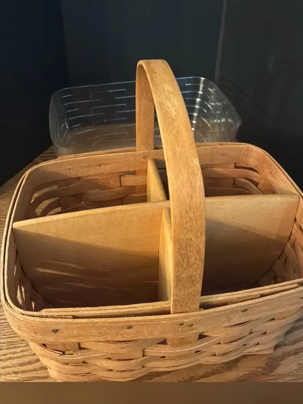 Vintage Longaberger Spring Basket w Handle, Wood Divider and Plastic Protector